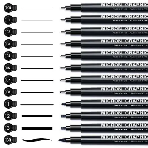 Produktbild: AKARUED Fineliner Schwarz Stifte, 12 Stück Fineliner Set Schwarz, Wasserfest Tuschestifte zum Skizzieren, Permanent Pigment Liner zum Bullet Journal Künstler Illustration, Tchnische Zeichnung