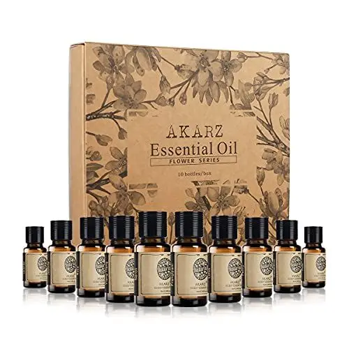 Produktbild: AKARZ Flower Series 10x10ML Sets Ätherische Öle Lavendel Jasmin Rose Ylang Neroli Frangipani Lotus Pfingstrose Osmanthus Veilchen Ätherisches Öl 10 Stück für Luftbefeuchter Massage Aromatherapie