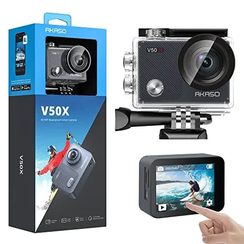 Produktbild: AKASO Action Cam 4K30FPS 20MP WiFi Unterwasserkamera 40M EIS Anti-Shake Action Kamera 4X Zoom mit Touchscreen, Fernbedienung, Sportkamera Wasserdicht Gehäuse,Helmzubehör-Kit V50X