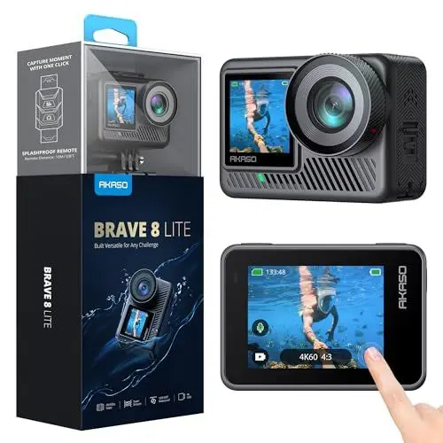 Produktbild: AKASO Action Cam 4K60FPS-Unterwasserkamera 20MP 60M Wasserdicht SuperSmooth Stabilisierung EIS 4.0,WLAN Actioncam mit 150° Weitwinkel,4xZoom,8X Slo-mo,2x1550mAh Akkus-Brave 8 Lite