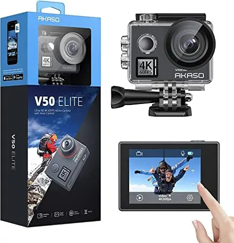 Produktbild: AKASO Action Cam 4K60FPS 40M Unterwasserkamera 20MP WiFi Action Kamera mit Touchscreen EIS mit 8X Zoom Sprachsteuerung Fernbedienung Zubehör Kit Sportkamera (V50 Elite)