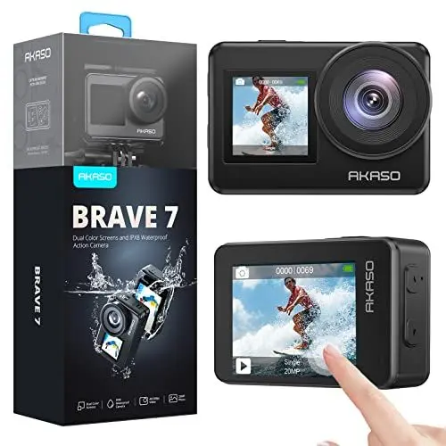 Produktbild: AKASO Action Cam 4K 20MP WiFi Unterwasserkamera IPX8 Wasserdicht Action Kamera EIS 2.0 mit Touchscreen, Zoom, Sprachsteuerung und 2x1350mAh Akkus Kit-Brave 7