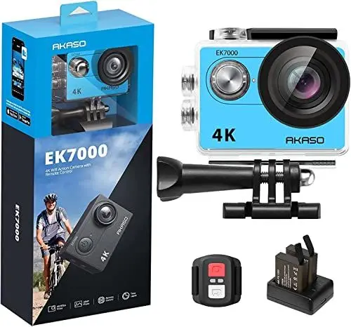 Produktbild: AKASO Action Cam EK7000 4K30FPS Action Kamera 170° Weitwinkel HD Unterwasserkamera 20MP WiFi wasserdichte Sport Kamera 2 Zoll LCD Bildschirm mit 2 Batterien (Blau)