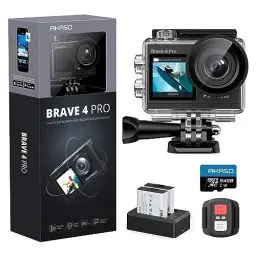 Produktbild: AKASO Brave 4 Pro Action Cam 4K30FPS 20MP mit 64GB U3 Speicherkarte 40M Unterwasserkamera Ultra HD Touchscreen 170 ° Weitwinkel, EIS Stabilisierung, 5X Zoom, 2.4G Fernbedienung und 2 Akkus 1350mAh