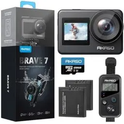 Produktbild: AKASO Brave 7 Action Cam 4K30FPS mit 128GB U3 microSDXC Speicherkarte 20MP WiFi Unterwasserkamera IPX8 Wasserdicht Action Kamera EIS 2.0 mit Touchscreen, Zoom, Sprachsteuerung und 2x1350mAh Akkus
