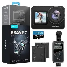 Produktbild: AKASO Brave 7 Action Cam 4K30FPS mit 64GB U3 microSDXC Speicherkarte 20MP WiFi Unterwasserkamera IPX8 Wasserdicht Action Kamera EIS 2.0 mit Touchscreen, Zoom, Sprachsteuerung und 2x1350mAh Akkus