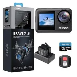 Produktbild: AKASO Brave 7 LE Action Cam 4k30FPS 20MP mit 64GB U3 Speicherkarte Unterwasserkamera IPX7 wasserdicht EIS 2.0 Kamera Touchscreen Doppelbildschirm Sportkamera 40M WiFi