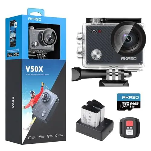 Produktbild: AKASO V50X Action Cam 4K30FPS mit 64GB U3 Speicherkarte Unterwasserkamera WiFi 40M EIS Anti-Shake Action Kamera 4X Zoom mit Touchscreen, Fernbedienung, Sportkamera Wasserdicht Gehäuse,Helmzubehör