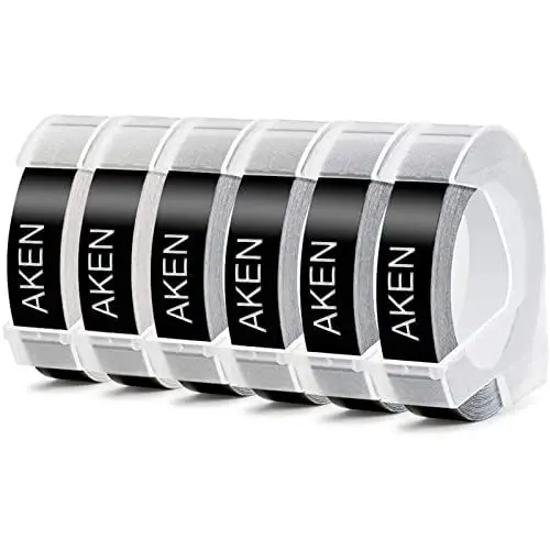 Produktbild: 6 x Aken Kompatibel mit Dymo Prägeband Schwarz 9mm für Dymo Omega Junior Etikettenprägegerät, als Kompatibel mit Omega Etikettenband 3D Kunststoff Weiß auf Schwarz, S0847730 Klebende Prägeetiketten