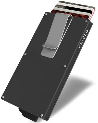 Produktbild: AKIELO Kartenetui mit RFID Schutz, Geldklammer und Geschenkbox – Minimalistische Geldbörse Herren – Kompakte Wallet und Kontaktloser Kreditkartenschutz (Alpha - Titan Ausgabe mit Geldklammer)