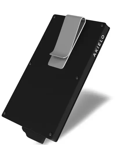 Produktbild: AKIELO Kartenetui mit RFID Schutz, Geldklammer und Geschenkbox – Minimalistische Geldbörse Herren – Kompakte Wallet und Kontaktloser Kreditkartenschutz (Alpha - Schwarze Ausgabe mit Geldklammer)