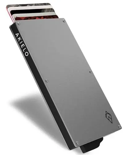 Produktbild: AKIELO Kartenetui mit RFID Schutz und Geschenkbox – Minimalistische Geldbörse Herren – Kompakte Wallet und Kontaktloser Kreditkartenschutz (Alpha - Silberne Ausgabe)