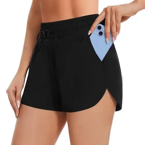 Produktbild: AKKQHH Sport Shorts Damen Sporthose Kurz mit Tasche Sommer Atmungsaktive Laufhose Schnelltrocknende Running Fitness Yoga Trainingshose Jogginghose(Schwarz,S)