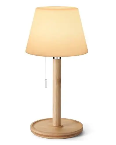 Produktbild: Akku Aufladbar Tischlampe für Draussen Wasserdicht, Kleine Tragbare Kabellose Tischleuchte mit Zugschalter 3 Beleuchtung Dim, Nachtlampe für Badezimmer Dusche Patio Restaurant Wohnzimmer, Holzfuß