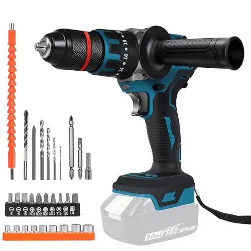 Produktbild: Akku Bohrschrauber kompatibel mit Makita 18V Akku, 1350RPM Bürstenloser Schlagbohrer mit 20+3 Kupplung, 120N.m Drehmoment, 13mm Bohrfutter, Schraubendreher und Bohrer Set für Haus und DIY