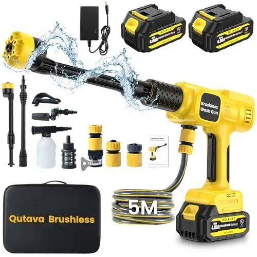 Produktbild: Akku Hochdruckreiniger, 2 * 4000mAh Akku, Bürstenloser Motor, Hydroblast Hochdruckreiniger Akku mit 4 einstellbaren Gängen, 6-in-1-Düse, ideal für die Reinigung von Autos, Gärten 4-stufig Regelbarer