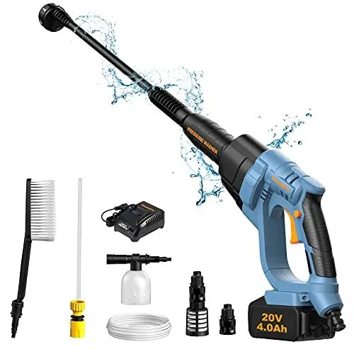 Produktbild: Akku Hochdruckreiniger mit Akku 4,0 Ah 20 V, 385 PSI (25 Bar) 6-in-1-Düse Tragbarer Mini Hochdruckreiniger-Kit zum Autowaschen, Blumengießen, Reinigen von Böden (Blau)