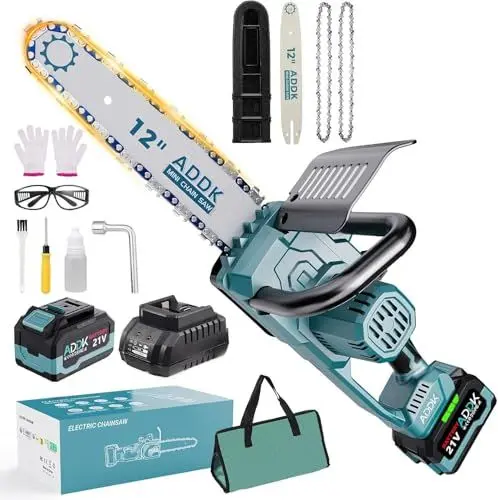 Produktbild: Akku Kettensäge 12 Zoll, 6000mAh Elektro Kettensäge 2 Ketten, Automatische Kettenschmierung, Werkzeuglose Kettenspannung, 30cm Schwertlänge, Ideal für Brennholz & Baum