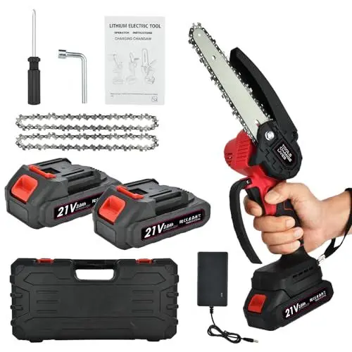 Produktbild: Akku Kettensäge 6 Zoll: Mini Kettensäge mit 2×2.0AH Akku Kleine Kettensäge Akku Tragbar Gehölzschneider Einhand Kettensäge mit Sicherheitsschloss für Bäume Gartenarbeiten Wälder