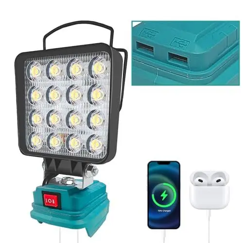 Produktbild: Akku Lampe für Makita 18V, 48W 4800LM Kabellose Arbeitsleuchte, 2 Modi LED Akku Strahler mit 2 USB-Aufladung, Tragbares Flutlicht für Baustelle, Camping, Notfälle, Autoreparaturen (kein Akku)