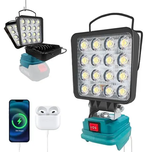Produktbild: bycpower Akku Lampe für Makita 18V, 48W 4800LM Kabellose Arbeitsleuchte, 2 Modi LED Akku Strahler mit 2 USB-Aufladung, Tragbares Flutlicht für Notfälle, Baustelle, Camping, Autoreparaturen (kein Akku)