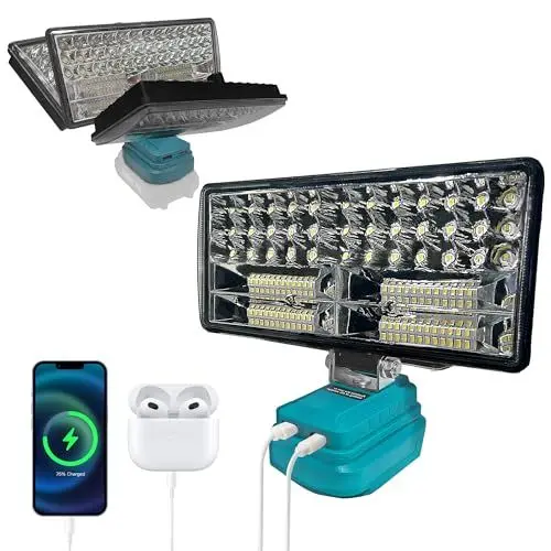 Produktbild: Akku Lampe für Makita 18V, 90W 6800LM Kabellose Arbeitsleuchte, 2 Modi LED Akku Strahler mit 2 USB-Aufladung, Tragbares Flutlicht für Notfälle, Baustelle, Camping, Autoreparaturen (kein Akku)