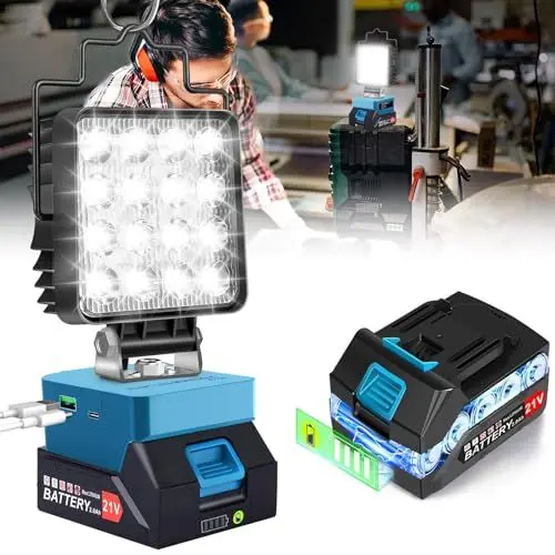Produktbild: Kabellose Akku Lampe mit Akku und Ladegerät, 48W 4800LM LED Arbeitsleuchte, 2 Helligkeitsstufen Led Strahler Kompatibel Für Makita 18v akku, Tragbares Baustrahler Akku mit Typ C und USB-Aufladung