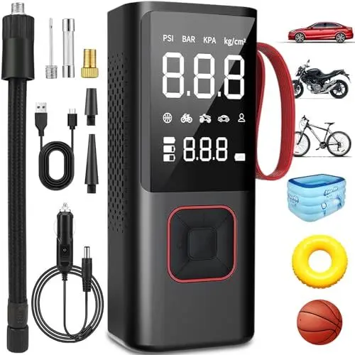 Produktbild: Akku Luftpumpe, 7500mAh Tragbarer Elektrische Luftpumpe, Akku Fahrradpumpe Akku Kompressor mit Digitale LCD-Bildschirm und Notbeleuchtung für Auto, Motorrad, Fahrrad, Bälle und Schwimmringe