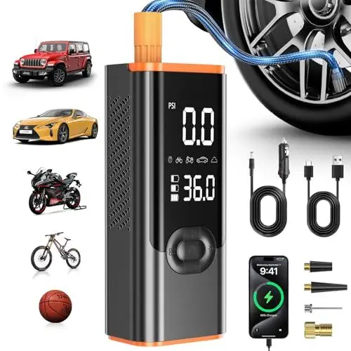 Produktbild: Akku Luftpumpe Fahrrad Kompressor Elektrische – Tragbare Mini Pumpe mit LCD Display für Auto Ball Reifen Matratze Camping