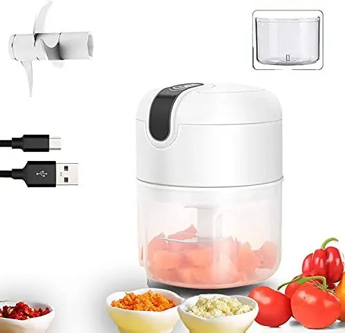 Produktbild: Akku Mini Zerkleinerer Praktisch,250ml Mini Knoblauchhacker Elektrisch Zwiebelschneider mit 3 Scharfen Klingen Gemüse,Obst,Fleisch,Babynahrung,Tiernahrung etc. mit (USB-Aufladung) (Weiß)