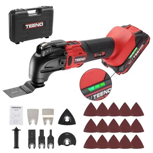 Produktbild: Akku-Multifunktionswerkzeug 20V, TEENO Oszillationswerkzeug mit 2.0AH Akku und Ladegerät, 8500-21000RPM, 4 ° Oszillationswinkel, 6 Geschwindigkeit, 25 Zubehör, zum Schneiden, Polieren, Sägen usw