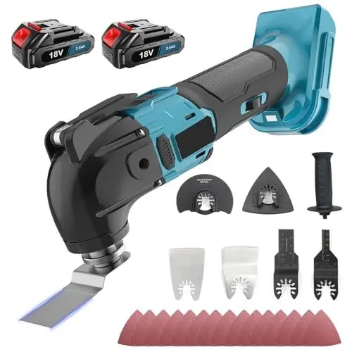 Produktbild: Akku Multifunktionswerkzeug Ersatz für Makita Multifunktionswerkzeug 18v, 4°Oszillationswinkel & 6-Gang 20000RPM, Bürstenloser zum Entfernen, Schaben, Schneiden (2 x 3000mAH Akku)