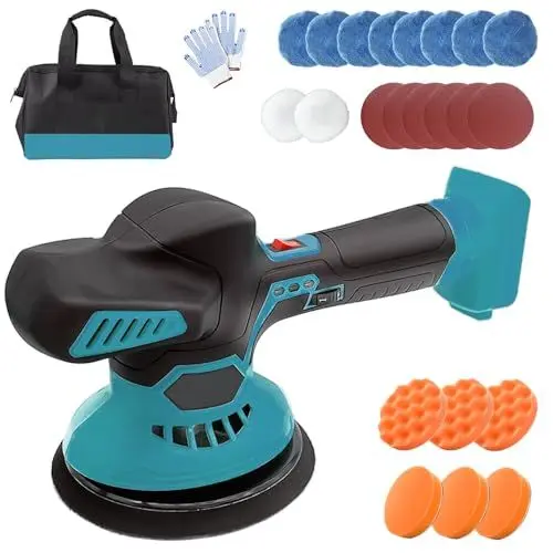Produktbild: Akku Poliermaschine Ersatz für Makita,145mm Auto Polierer, 6 variable Geschwindigkeit, kabelloser Akku Polierer für Autopflege,Polieren,Wachsen,Kratzerentfernung 24PCS Polieraufsatz(Ohne Akku)