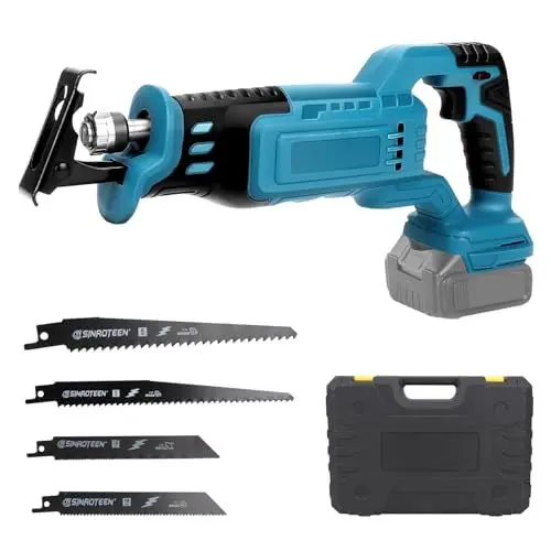 Produktbild: Akku Säbelsäge kompatibel mit Makita 18V, mit 4 Sägeblättern, 3200 U/min, elektrische Holzsäge mit variabler Geschwindigkeit zum Schneiden von Holz, Metall und PVC