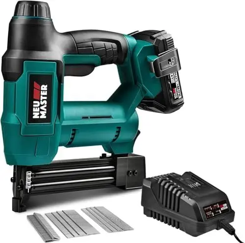 Produktbild: Akku Tacker Nagelpistole - NEU MASTER 18V System Nagler Elektrotacker inkl. 2000mAh Akku, Schnellladegerät, 800 Nägel und 200 Klammern, Elektronische Schlagkraftvorwahl NTC0023