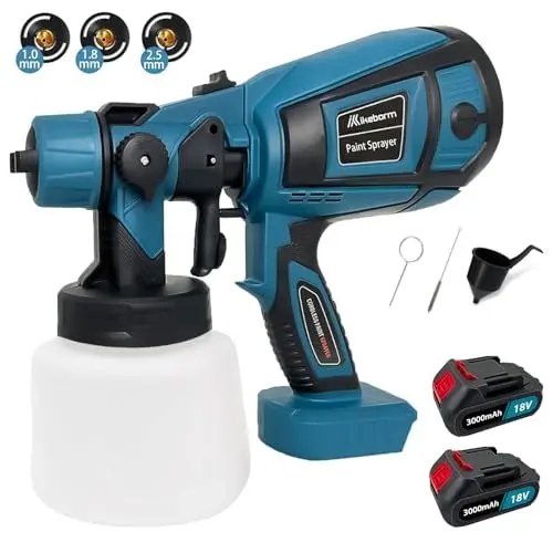 Produktbild: Akku farbsprühsystem für Makita 18V Akku BL1850, 1000 ML Farbspritzpistole mit 3 Düsen (1,0mm, 1,8mm, 2,5mm),3 Muster, für den Innen- und Außenbereich (mit 2 Akkus 3.0Ah)