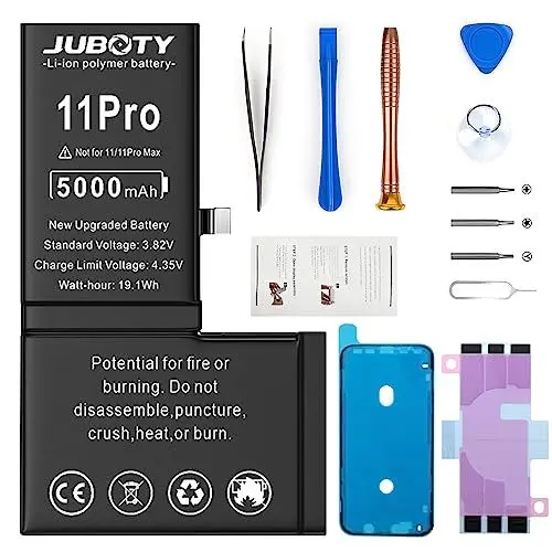 Produktbild: Akku für iPhone 11Pro 5000mAh, JUBOTY 2023 Neues Upgrade Li-ion hohe Kapazität Akku Ersatz für iPhone 11Pro Model A2160 A2215 A2217 mit kompletten professionellen Reparatur-Set
