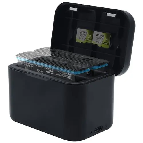 Produktbild: Akku-Ladegerät für Insta360 X4, 2-Kanal schnelles tragbares Ladegerät Hub Storage Station mit Misro Sd Card Slots und USB Typ C Kabel und magnetischen Deckel（Batterien Nicht enthalten）