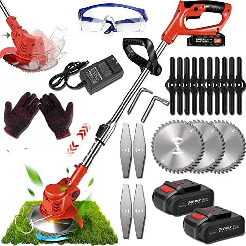 Produktbild: Akku-Rasentrimmer, Akku-Rasentrimmer mit 24 V, kabellos, 3-in-1, verstellbarer Kopf und Teleskopgriff zum Schneiden von Garten, Rasen und Ackerland (rot)