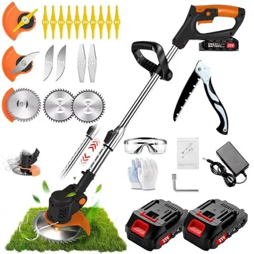 Produktbild: Akku-Rasentrimmer, elektrischer Rasentrimmer mit Metallklinge, Akku-Rasentrimmer mit 2 Batterien à 21 V 2000 mAh, versenkbarer Griff und 90° Drehung des Kopfes