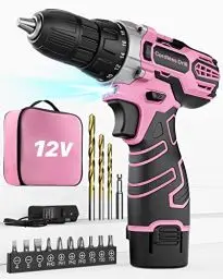 Produktbild: Akkuschrauber 12V Pink Rosa, Akkubohrer Klein, Akku Bohrschrauber Set mit 15 Zubehör und Tasche, 18+1 Drehmomentstufen, 10mm Bohrfutter, 2-Gang, LED-Licht, Leicht Akku Schrauber für Reparatur & DIY