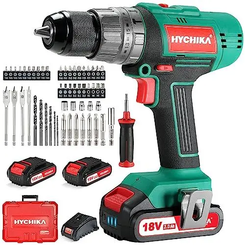 Produktbild: HYCHIKA Akkuschrauber, 18 V, max. 45 Nm, Akkuschrauber und Bohrschrauber, mit 2,0-Ah-Akku und 27-teiligem Zubehörset, 21+3 Stufen, 2-Gang-Bohrmaschine zum Bohren, Schrauben, Schlagschrauber