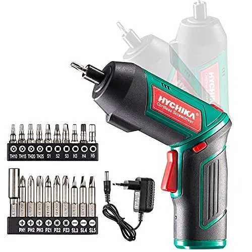 Produktbild: HYCHIKA Akkuschrauber, Cordless Screwdriver 6N·m Drehmoment und 2000mAh Akku 3,6V mit 20 Zubehörteilen, LED Licht, Magnetfutter für Schrauben