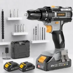Produktbild: Akkuschrauber, LEEIKOO Akku Bohrschrauber 21V, Akku Bohrmaschine 42N.m mit 2 Batterien 2.0Ah, 10mm Bohrfutter, 2-Gang, 18+1 Drehmomentstufen, 14tlg Zubehör Set, LED Licht für Garten DIY Projekt, Grau