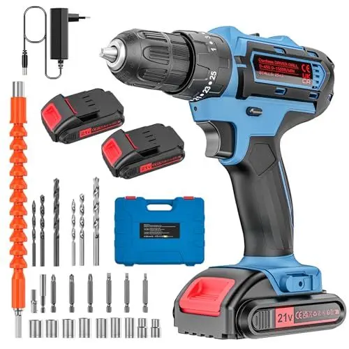 Produktbild: Akkuschrauber Set 21V, Akku Bohrschrauber mit Koffer, Akku Bohrmaschine, 25+3 Drehmomentstufen, 2 * 2000mAh Akku, 24 PCS Zubehöre, 2 Gang