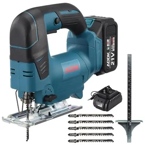 Produktbild: Akku-Stichsäge 21V - Pendelstichsäge mit bürstenlosem Motor, 3 Geschwindigkeitsstufen (0-2900 U/min), 45° Schnitt, 75 mm Schnitttiefe, 5 Klingen inklusive, Akku 3.0Ah