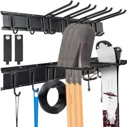 Produktbild: AKOZLIN Werkzeugaufbewahrungsregal Wandmontage Garage Garten Werkzeug Organizer 32-48-64 Zoll Gartengerätehalter mit Schienen, verstellbaren Haken für Gartengeräte (32 Zoll 2 Schienen 6 Haken)