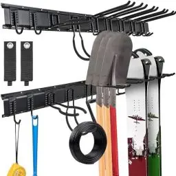 Produktbild: AKOZLIN Werkzeugaufbewahrungsregal Wandmontage Garage Garten Werkzeug Organizer 32-48-64 Zoll Gartengerätehalter mit Schienen, verstellbaren Haken für Gartengeräte (48 Zoll 3 Schienen 9 Haken)