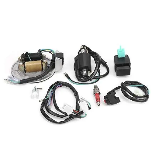 Produktbild: Akozon Kabelbaum Schalter Spule CDI Zündkerzensatz Elektrik Stator Spule Kabelbaum Magnetrelais Komplette Elektrik-Statorspule CDI-Kabelbaum Zündkerze für 4-Takt 49cc 50cc 70cc 110cc 125cc 140cc