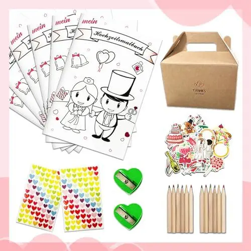 Produktbild: Akranini Hochzeitsmalbuch Kinder, 10er Set Malbuch Hochzeit mit Stift und Spitzern, Hochzeitsmalbuch Kinder, Gastgeschenke Hochzeit für Kinder, Hochzeitsherz zum Ausschneiden inkl.